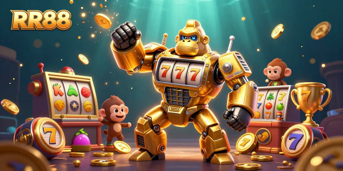 RR88 presents a thrilling slot machine-themed adventure with a golden gorilla mech, jackpot symbols, and vibrant casino elements.