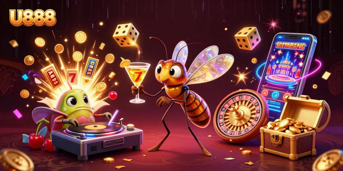 U888 casino mascot and trilobite DJ in a vibrant 3D scene, showcasing casino excitement and rich gaming elements.