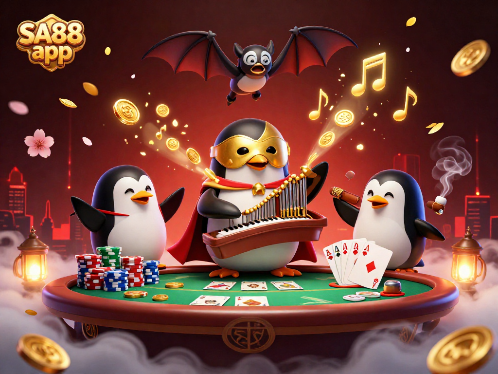 Immerse in the vibrant SA88 app experience with a cartoon penguin, poker chips, and gold coins.