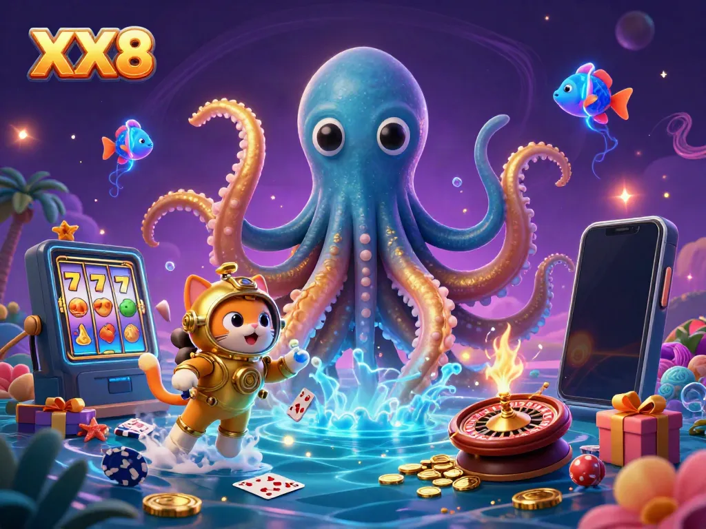 Experience the thrilling ocean depths of XX8 with a dazzling kraken and vintage diver amid vibrant casino elements.