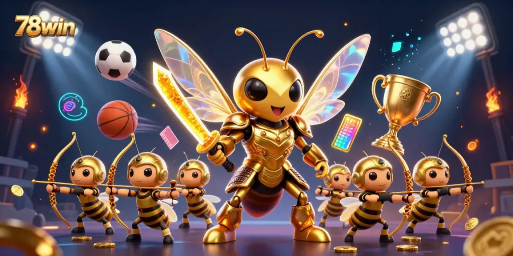 Engage with 78win's dynamic gaming scene featuring a golden hornet and bee archers in an exhilarating atmosphere.