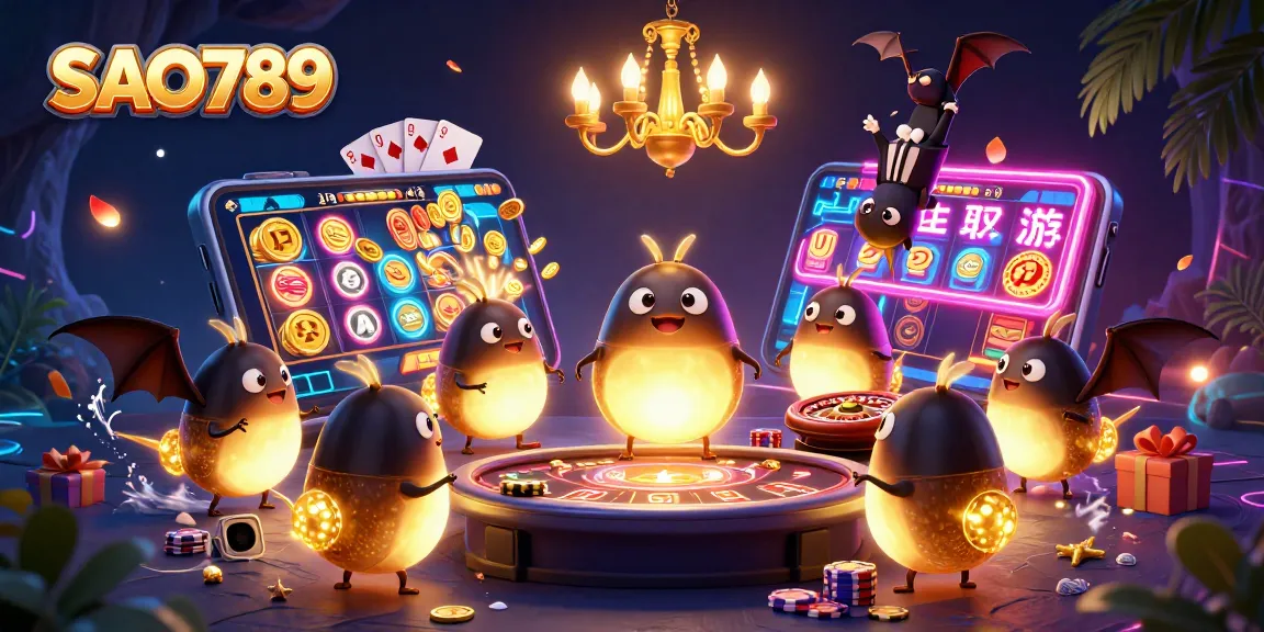 Experience SAO789's vibrant cave casino filled with glowing elements and engaging games in this detailed illustration.