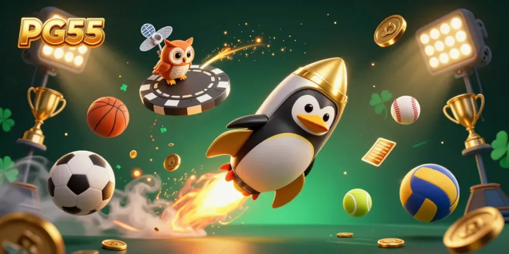 Experience PG55 gaming with a golden penguin and dynamic sports elements in space.