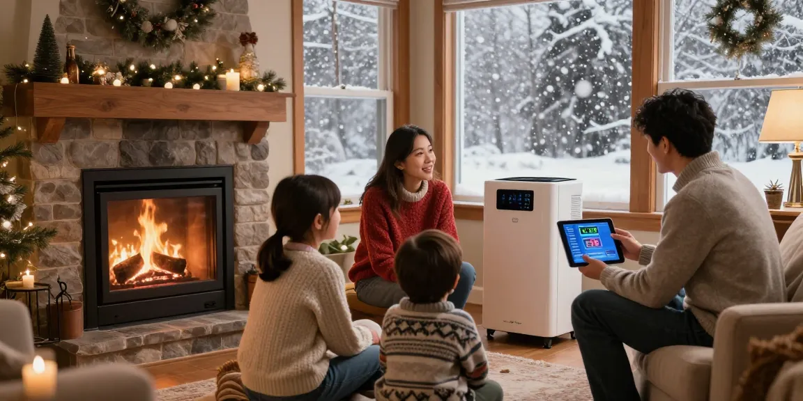 Family discussing HVAC systems in Stevens Point WI, highlighting warmth and comfort in winter.