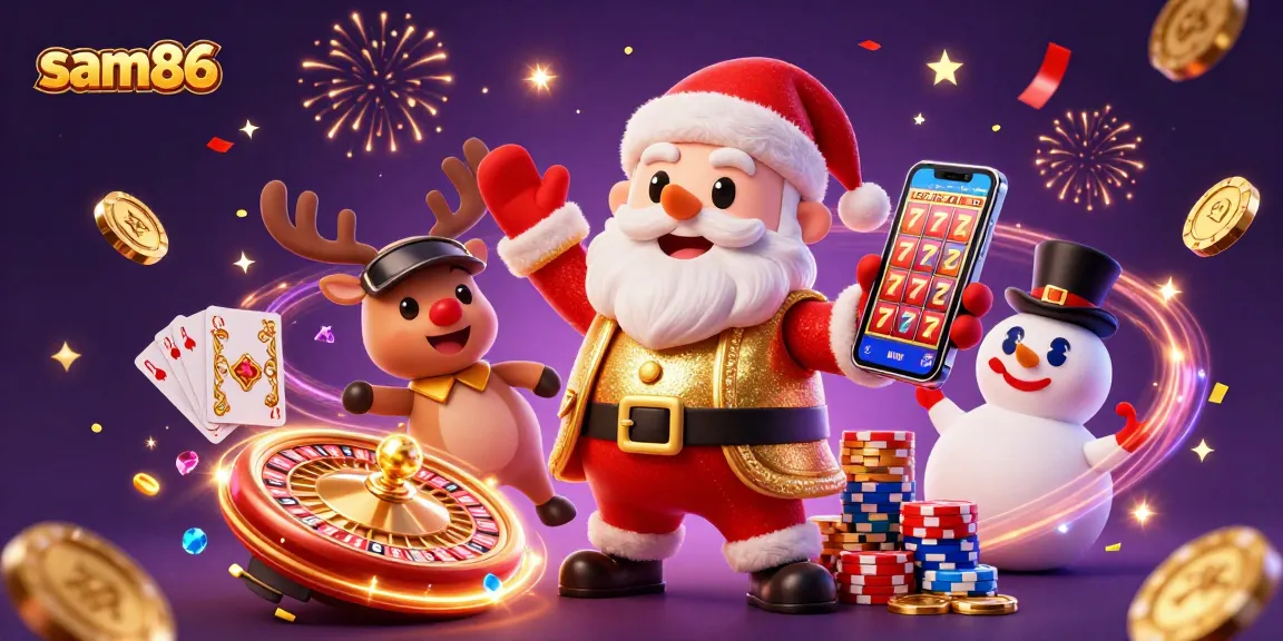 Engage with sam86's thrilling casino experience showcasing Santa, reindeer, and snowman amidst jackpot excitement.