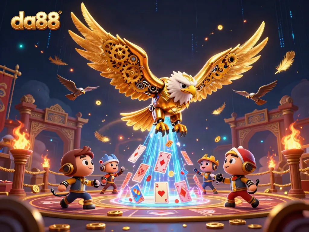 Experience thrilling gameplay at da88 with a cybernetic eagle amidst soaring holographic cards and dynamic casino elements.