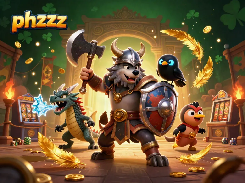 Engage in thrilling gameplay with phzzz, showcased by a Viking wolf warrior amidst slot machines and dragon fire.