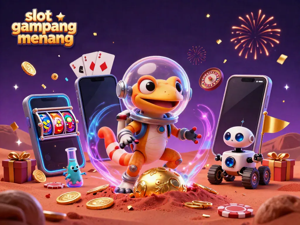Experience slot gampang menang with an exuberant Martian gecko beside jackpot games and casino elements.