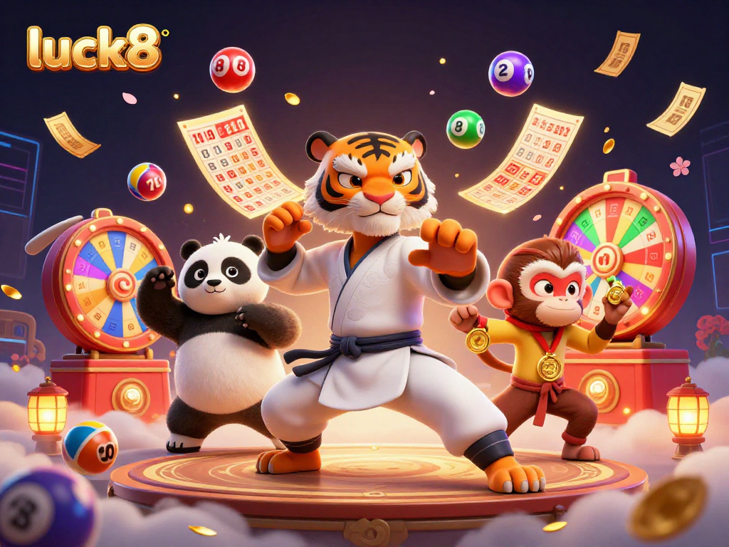 Win big with luck8's exciting lottery game illustrated by a kung fu tiger, panda, and monkey.
