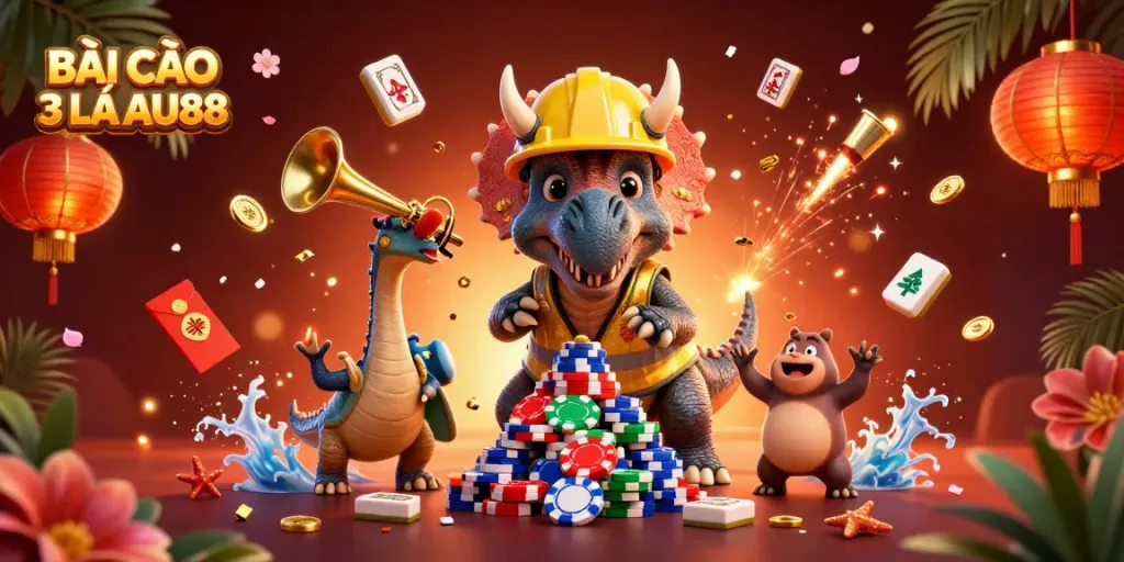 Engage in BÀI CÀO 3 LÁ AU88 with dynamic characters and festive casino elements celebrating game mastery.