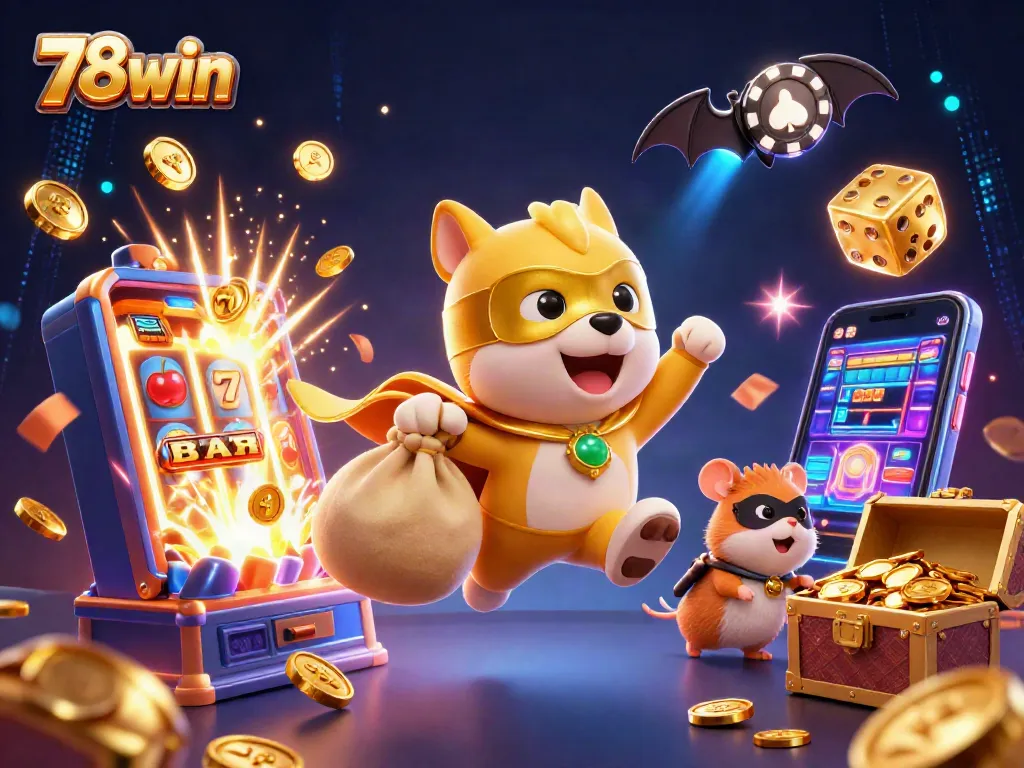 Engage with 78win's thrilling casino world featuring a superhero dog and dynamic jackpot explosion.