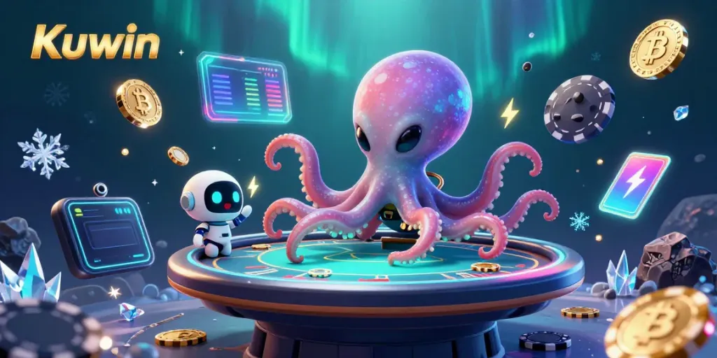 Kuwin showcases an alien octopus dealing poker surrounded by crypto coins and vibrant game elements.