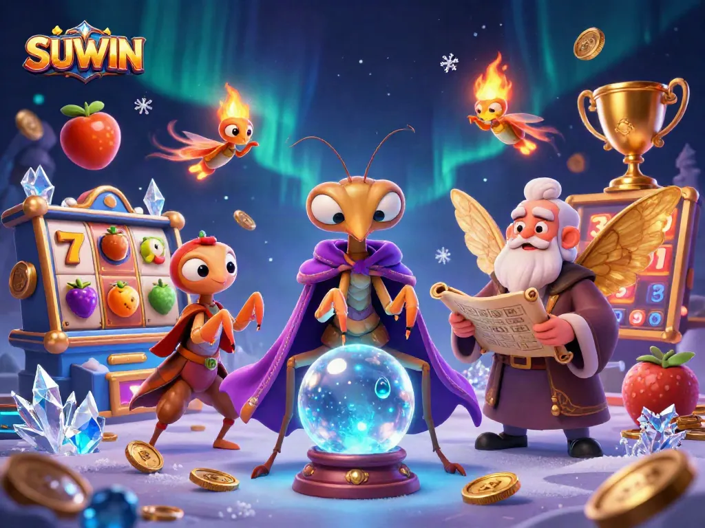 Suwin's unique online casino slots experience with vibrant lucky symbols and animated characters.