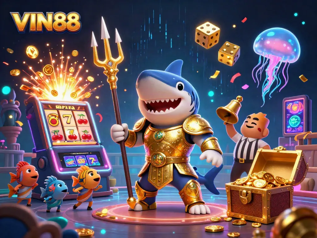 Experience the thrill of VIN88 with a dynamic underwater casino scene featuring a tiger shark warrior.