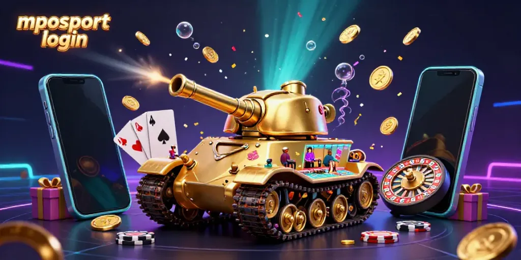 Experience mposport login with a vibrant 3D casino scene featuring a golden beetle tank and lively game elements.