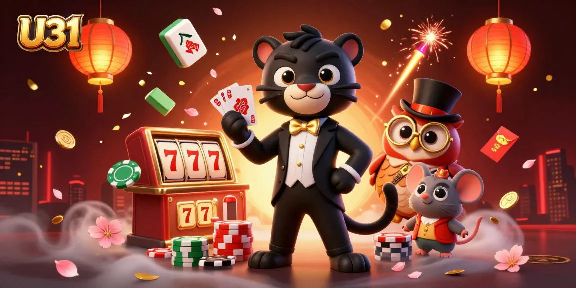 U31 casino showcases a 3D black panther dealer, elegant owl, and lucky mouse surrounded by vibrant gaming symbols.