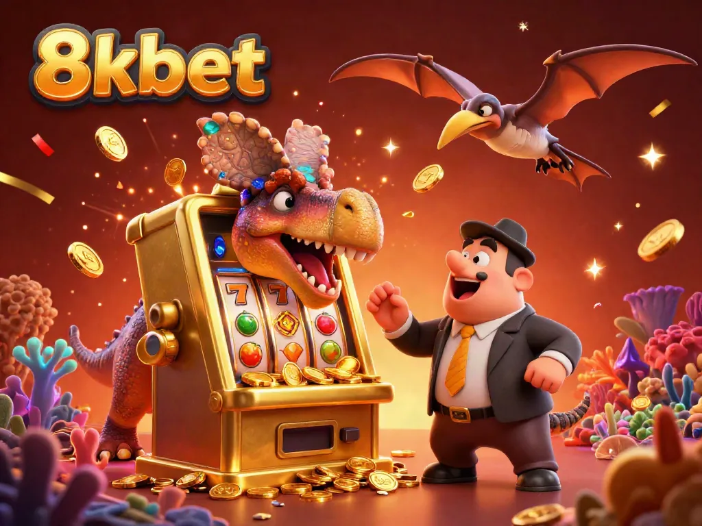 Experience an exciting 8xbet jackpot payout with a dinosaur-themed casino scene.