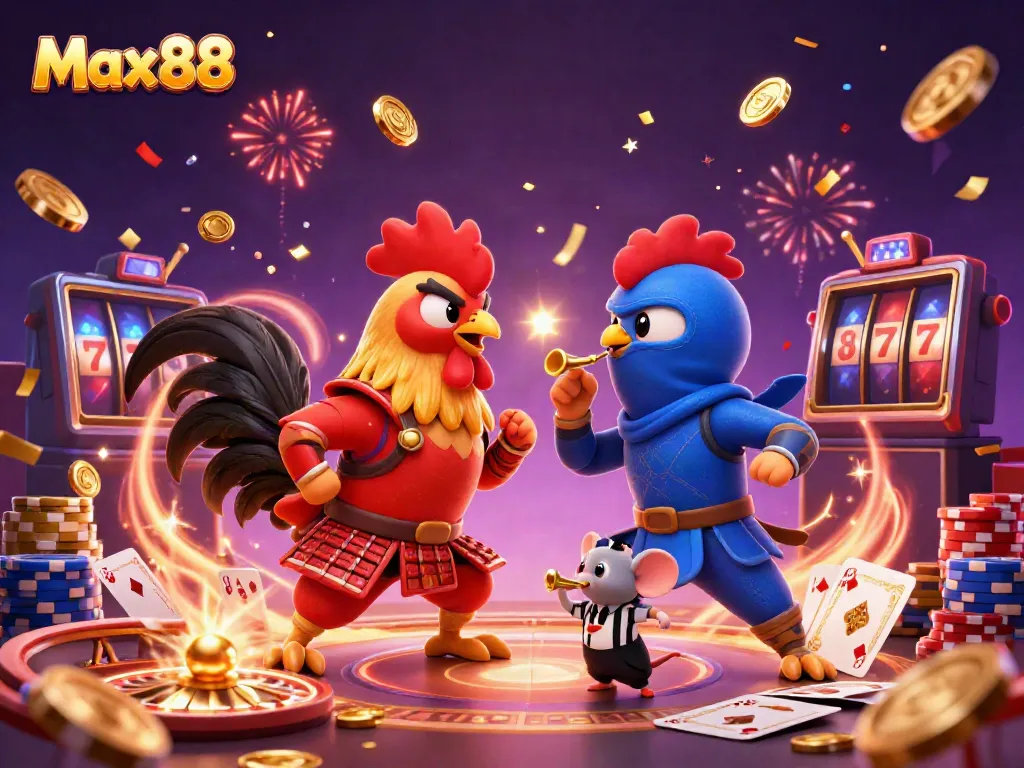 Max88 showcases an intense standoff between two fighting roosters in a casino setting, highlighting energetic gameplay.