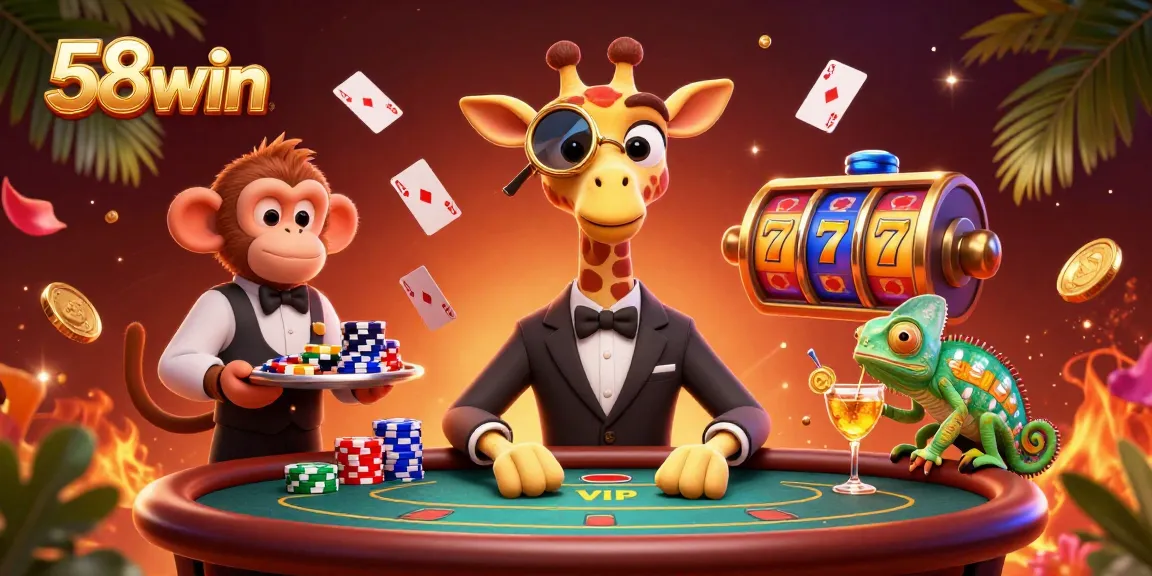 Experience the thrill of winning at 58win with our vibrant casino scene featuring a high-roller giraffe.