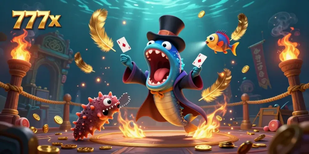 Engage with mesmerizing magic at 777x with enchanting deep-sea characters performing casino tricks.