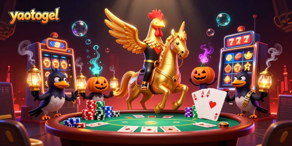Engage in thrilling gambling adventures with the exciting yaotogel scene featuring a golden rooster and casino elements.