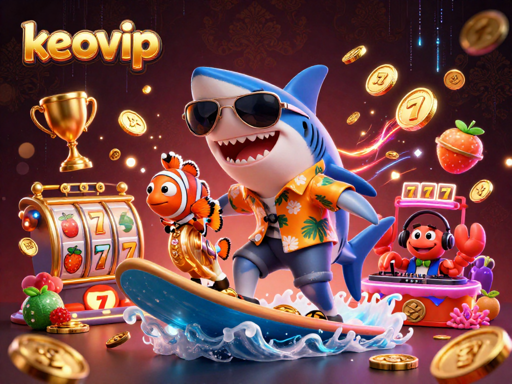 Experience thrilling slots action with keovip alongside a surfboard shark, clownfish, and DJ crab.
