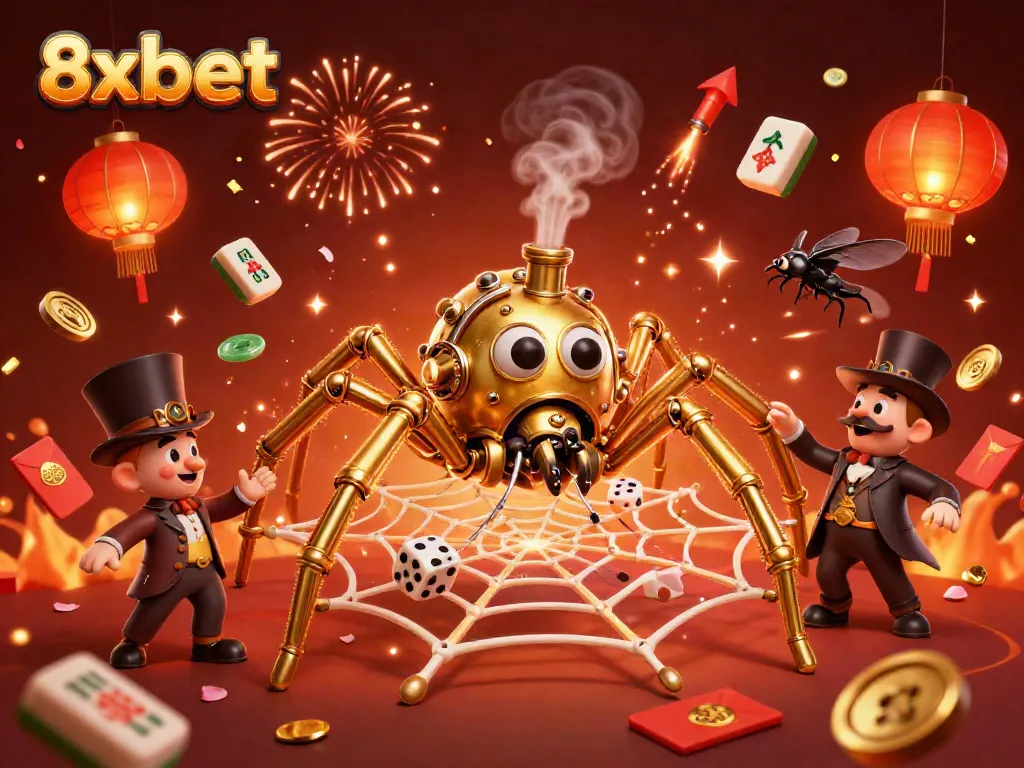 Experience 8xbet with a magical scene featuring a steampunk spider and vibrant gaming elements.