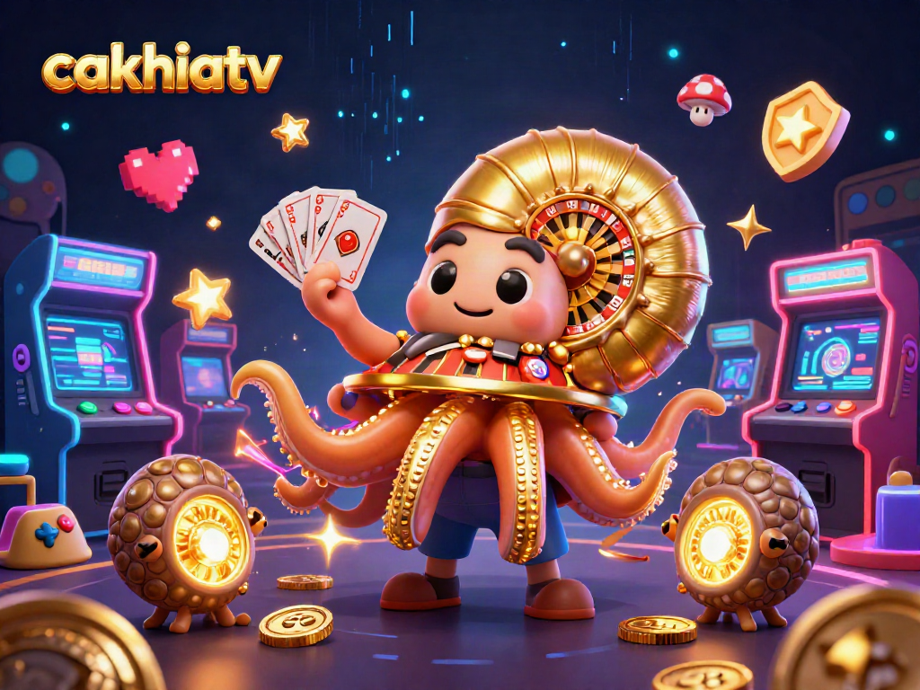 Cakhiatv features a vibrant casino scene with a giant nautilus roulette wheel and glowing arcade elements