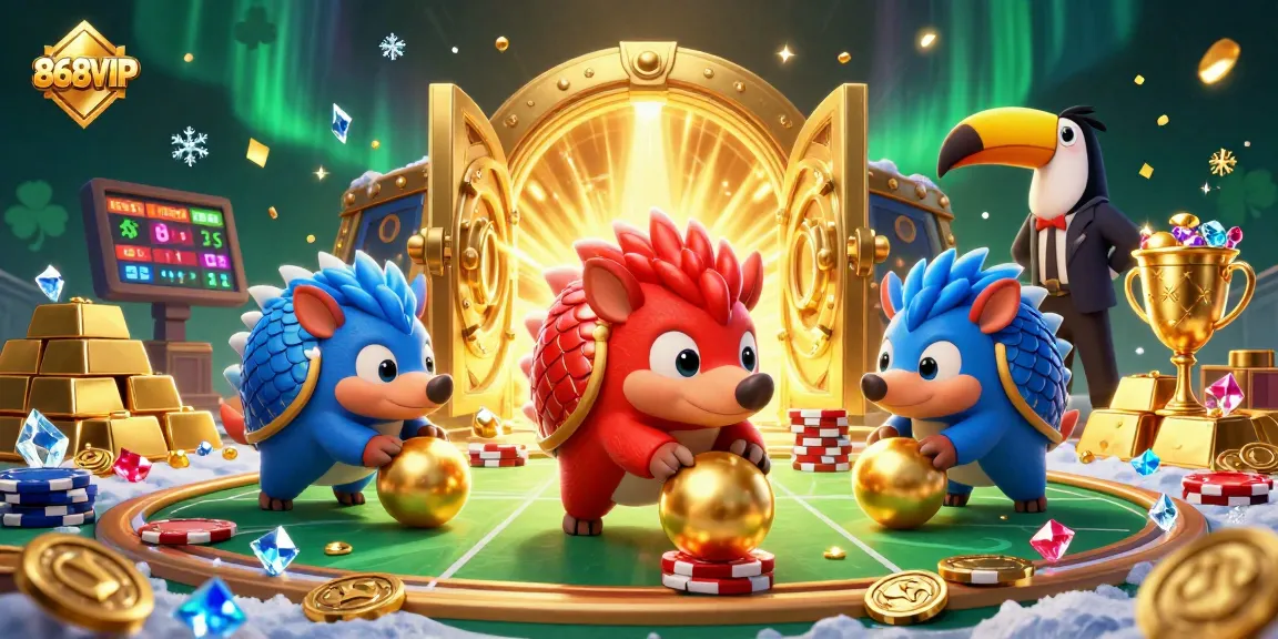 Experience thrilling gameplay with 868VIP as rival pangolins roll through poker chips in this vibrant casino scene.