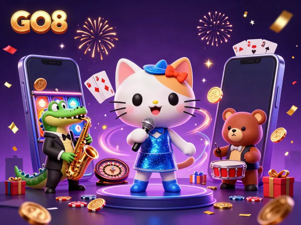 Engage with the GO8-themed casino scene featuring entertaining animals and exciting game elements.