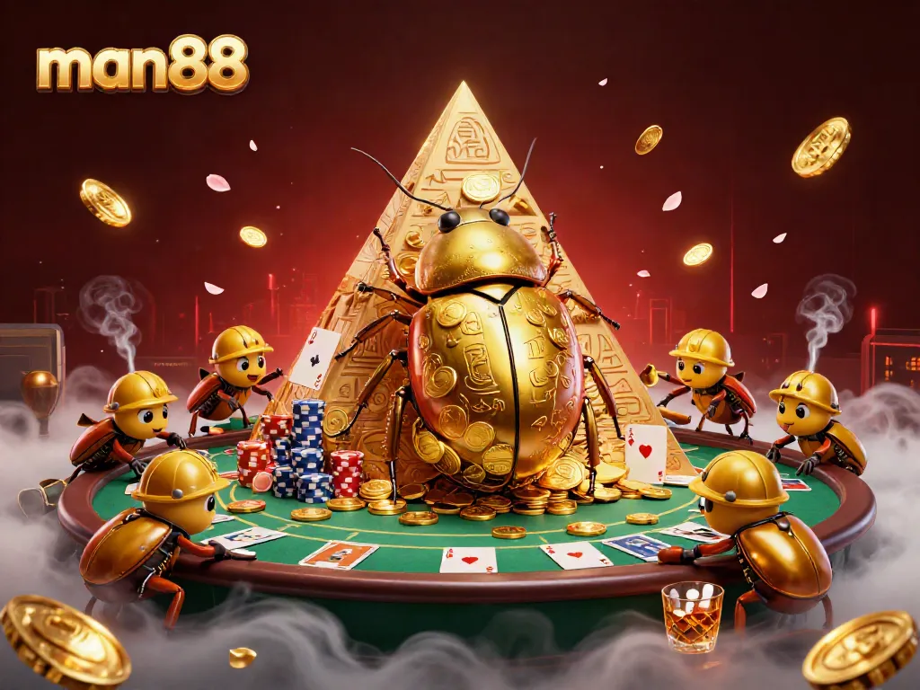Experience thrilling casino action with man88 as golden beetles roll coins in a vivid gaming scene.