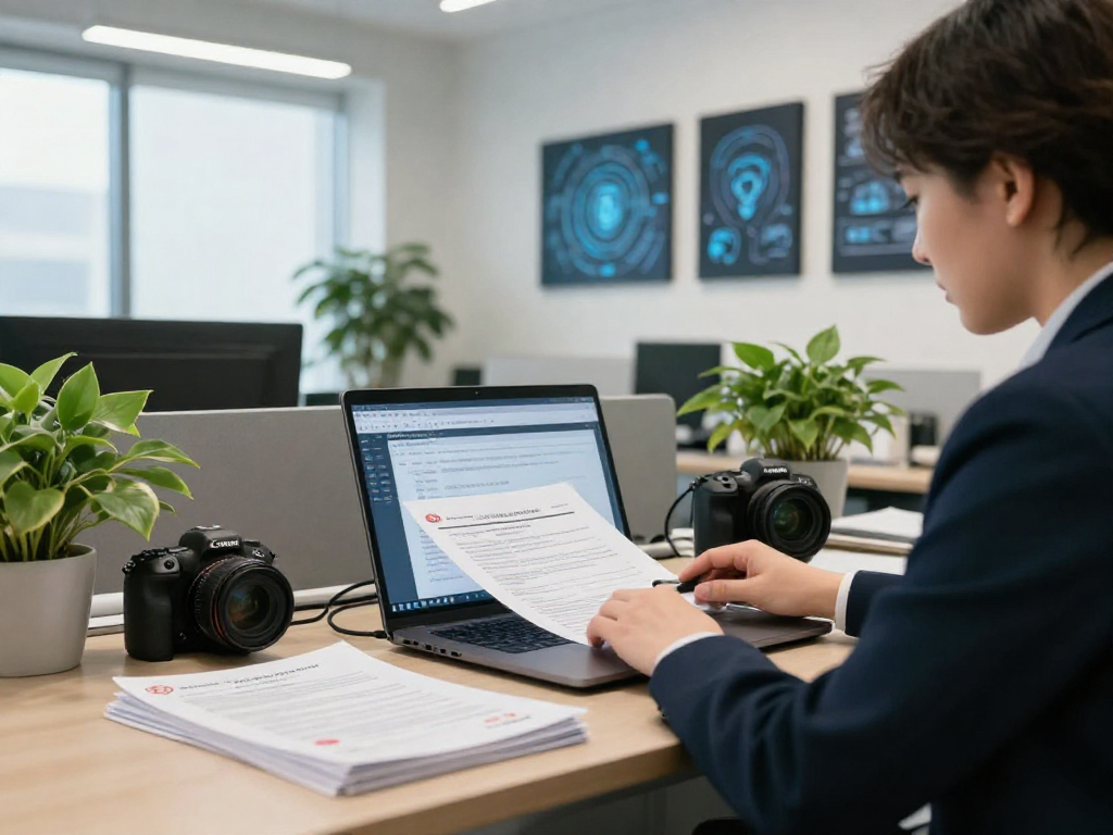 Engaged compliance officer utilizing document fraud detection software in a high-tech office.