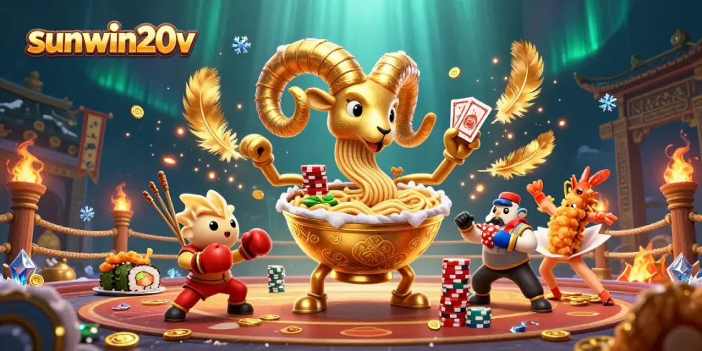 Engage with sunwin20v in this vibrant 3D casino scene featuring animated characters and game elements.