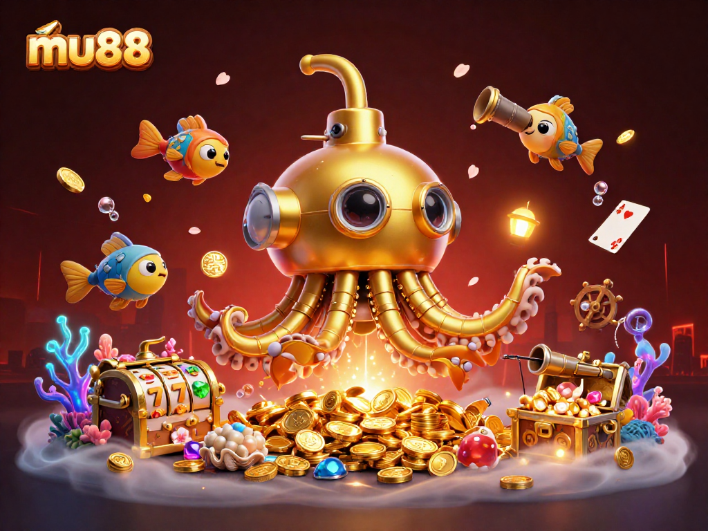 mu88 showcases an adventurous kraken submarine alongside vibrant casino elements, inviting players to engage.