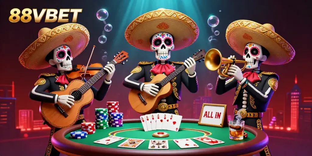 Experience vibrant 88VBET action with colorful mariachi skeletons and dynamic poker elements.