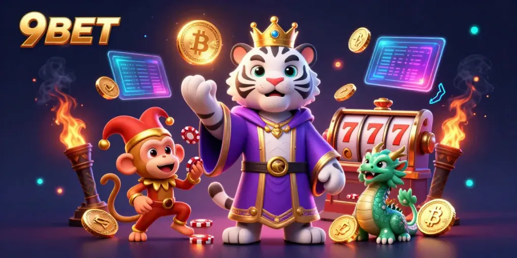 Experience thrilling gaming at 9BET with elegant characters and captivating casino elements.