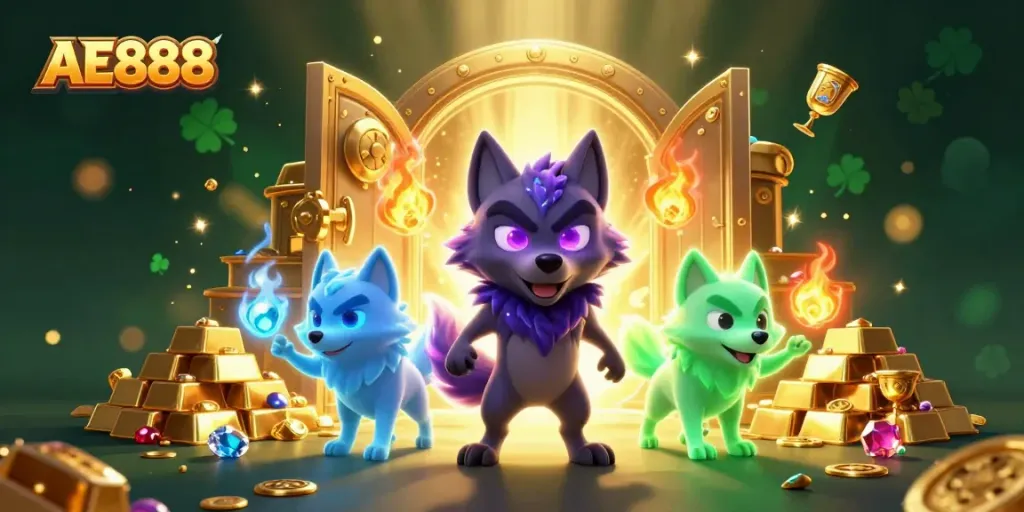 Experience the thrilling world of AE888 casino with a dynamic ghostly wolf pack guarding treasures and games.