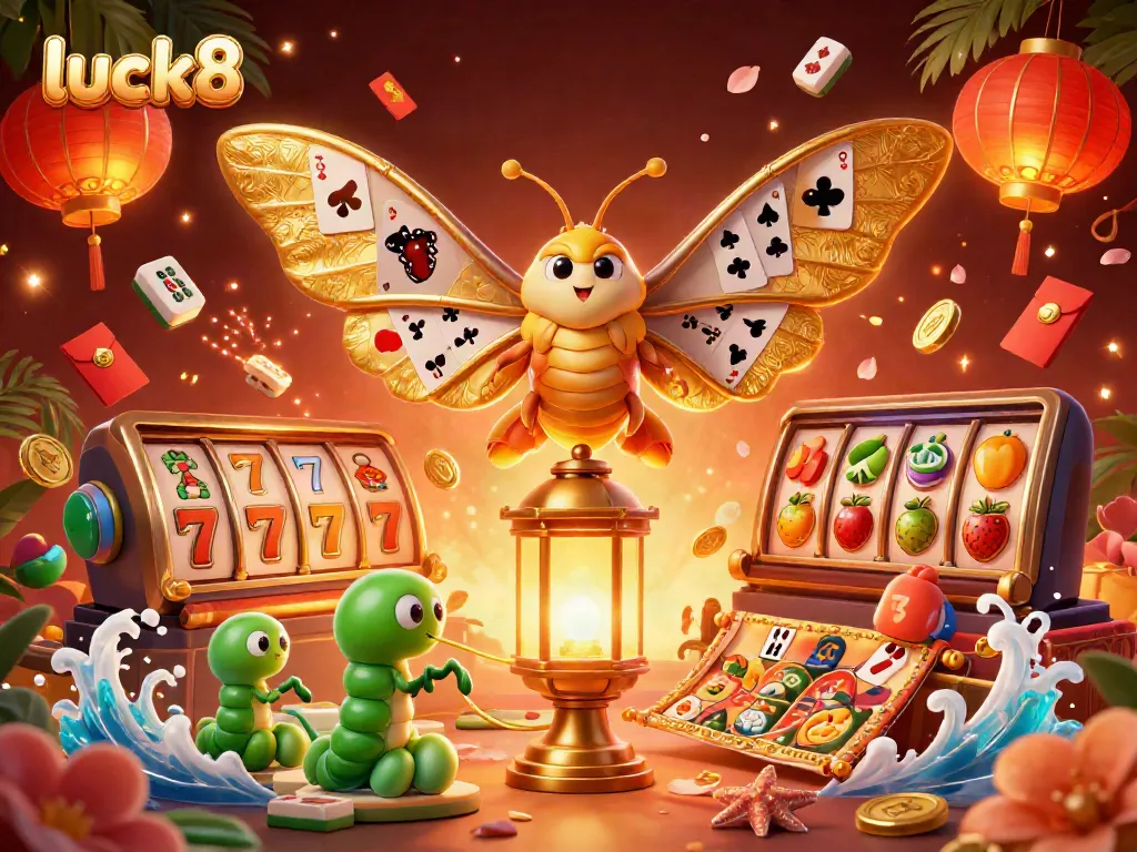 Experience exciting wins with luck8's vibrant casino-themed 3D illustration featuring dynamic gaming elements.