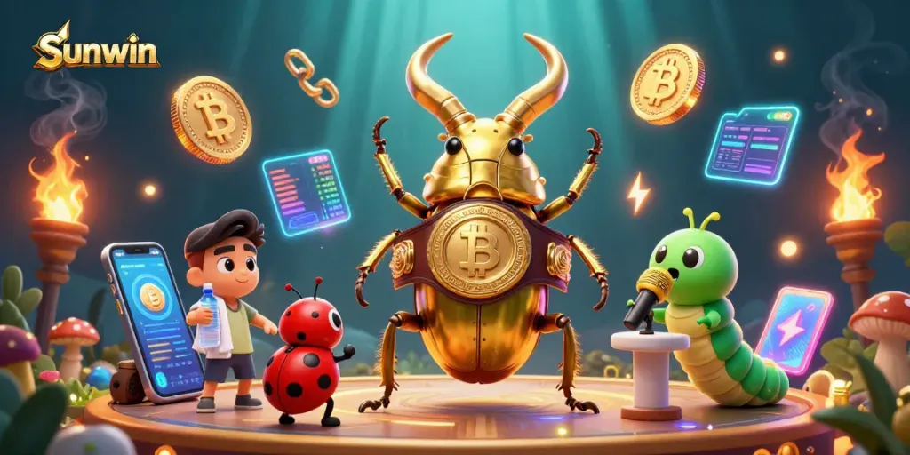 Experience the thrill of Sunwin with an exciting 3D illustration of a giant golden stag beetle champion facing off, promoting the vibrant casino atmosphere.