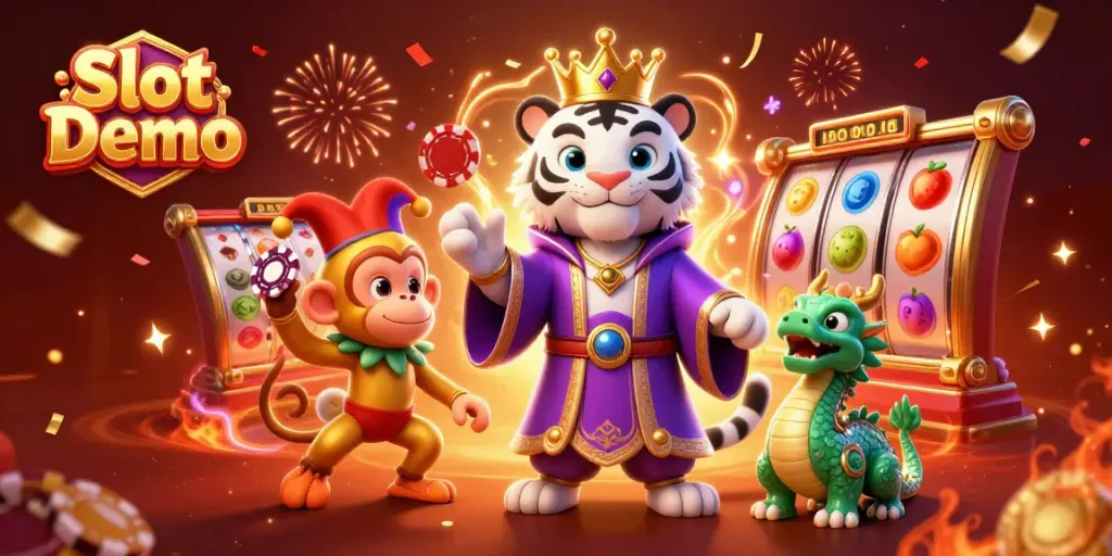 Spin vibrant Slot Demo reels surrounded by playful characters in a dynamic casino scene.