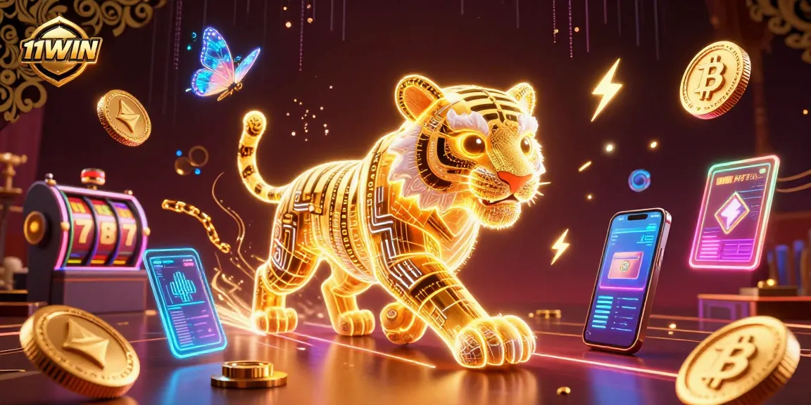 Experience the excitement at 11WIN with a vibrant casino scene filled with neon elements and cryptocurrency symbols.