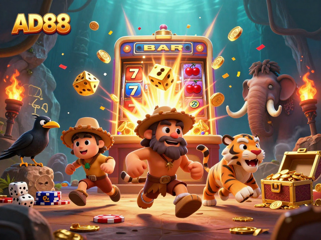 Join the action at AD88 with vibrantly illustrated caveman and sabertooth tiger casino duo amidst 3D slot machines.