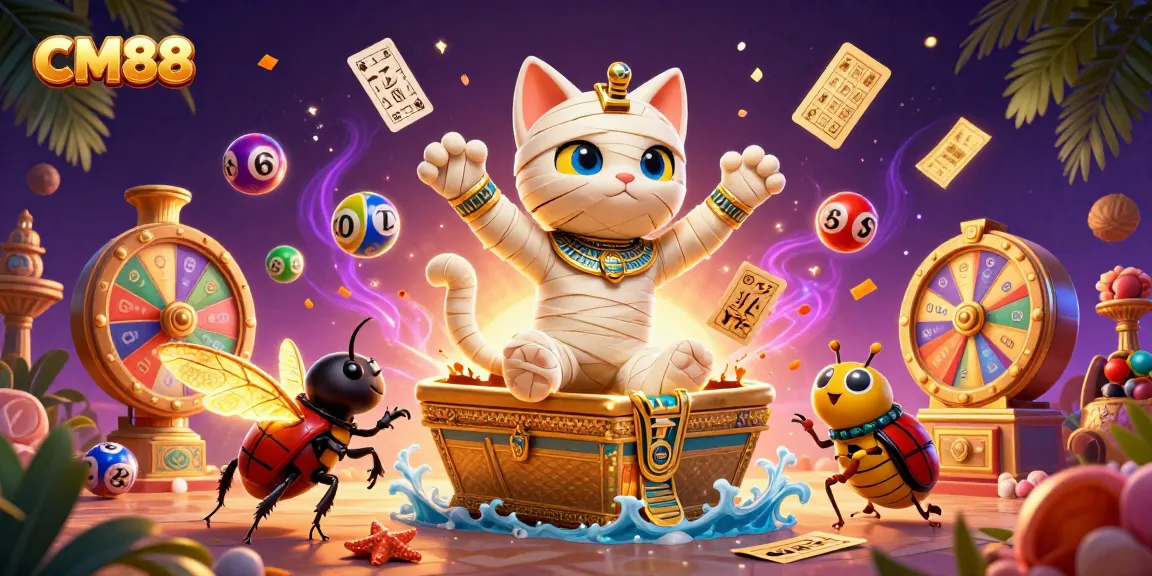 CM88 presents a lively casino scene with an Egyptian mummy cat, golden elements, and vibrant gaming symbols.