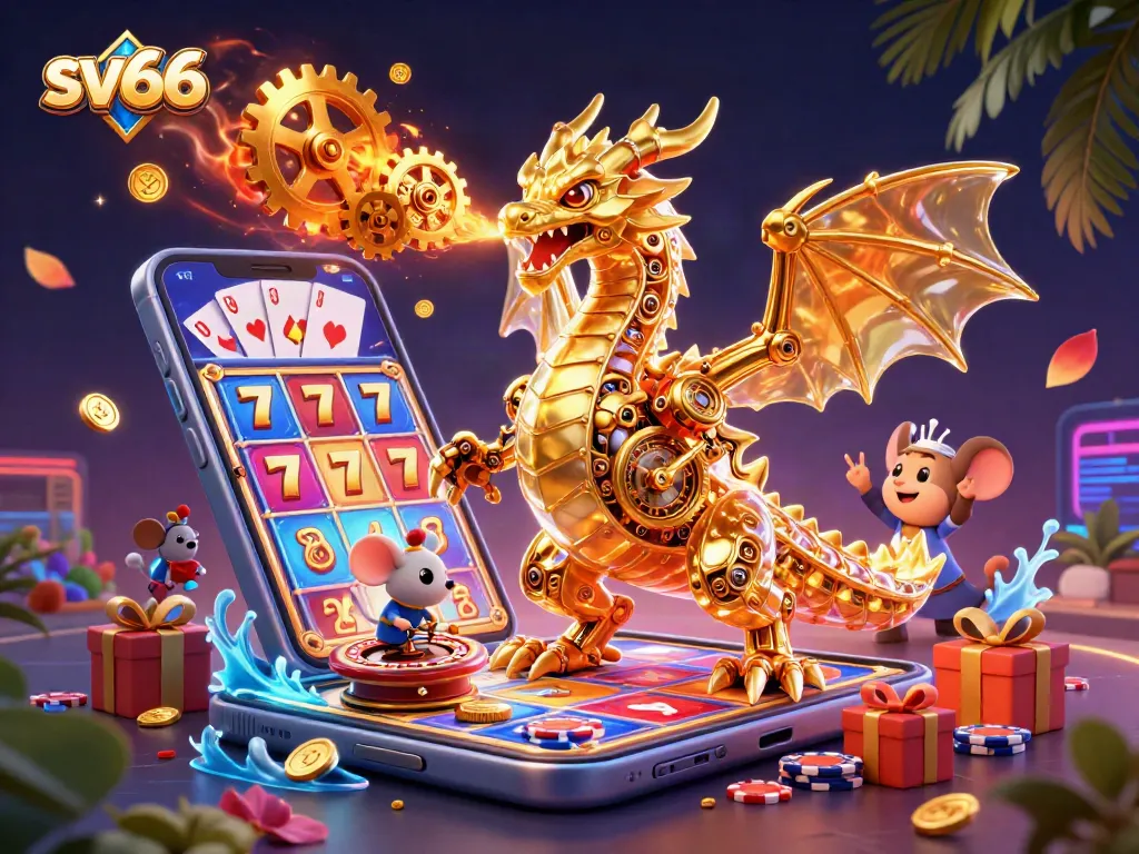 Gamblers experience sv66 excitement with a golden dragon in a dynamic casino scene full of games.