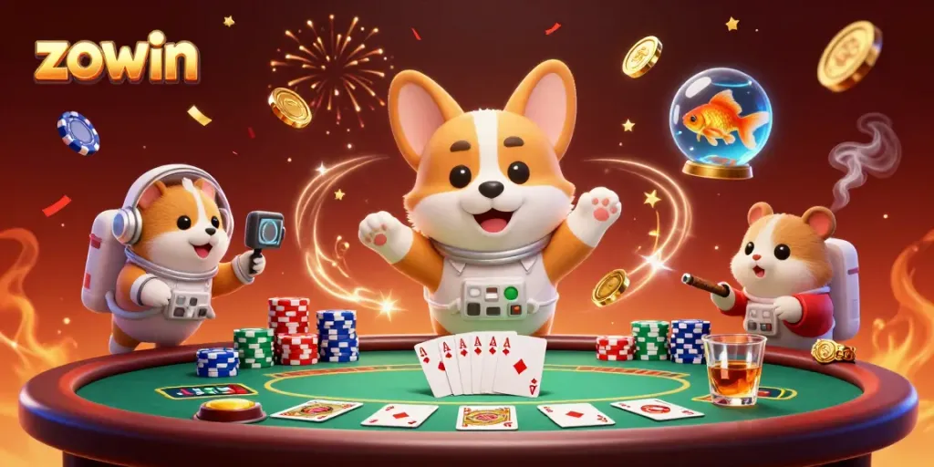 Engage in the zowin space station casino adventure with an astronaut corgi amidst poker thrills.
