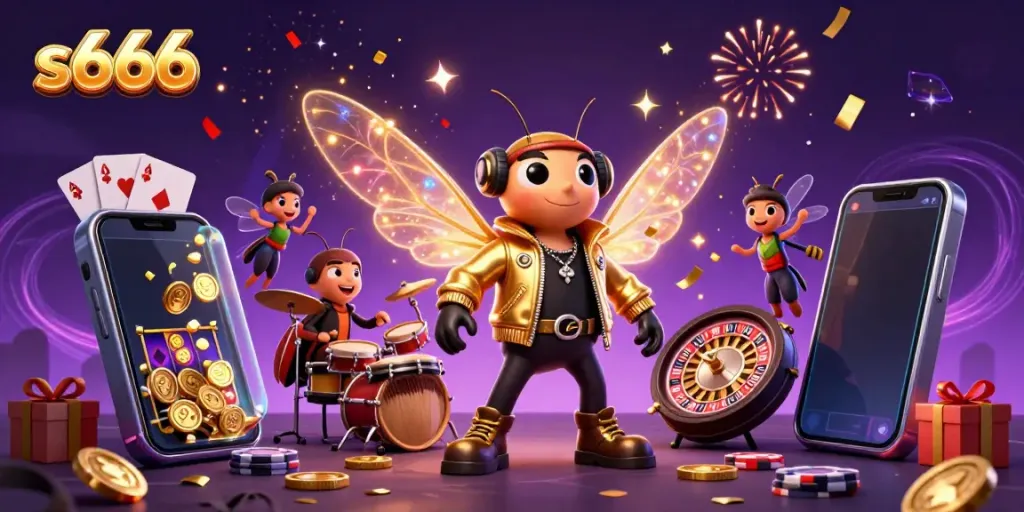 S666 casino experience with a cartoon cicada rock star and dynamic gaming elements, conveying excitement and entertainment
