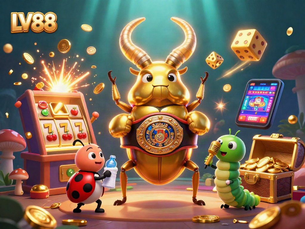 LV88 showcases a lively casino scene with cartoon characters and exciting game elements, reflecting a vibrant gaming atmosphere.