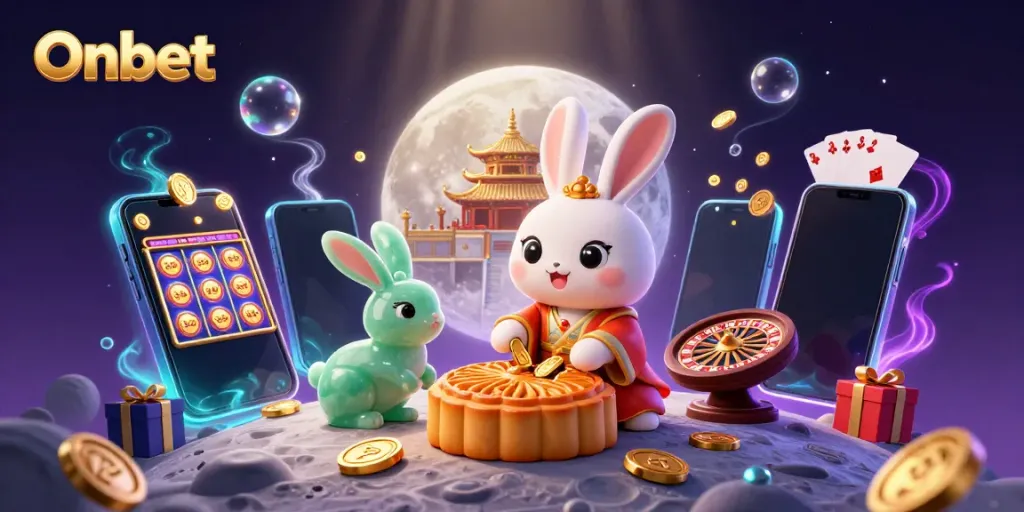 Engage with Onbet's casino magic featuring a moon rabbit and vibrant gaming elements.