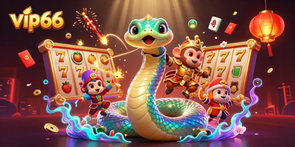 Experience the excitement of vip66 with vibrant slot reels and a mystical serpent in this enchanting digital illustration.