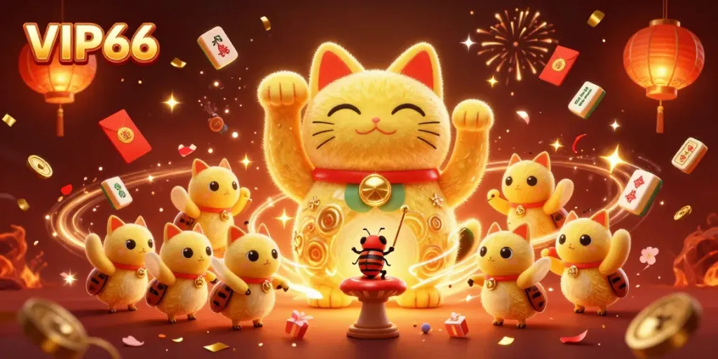 Experience VIP66's captivating online gaming world with a lucky cat and dynamic casino symbols, celebrating wins.